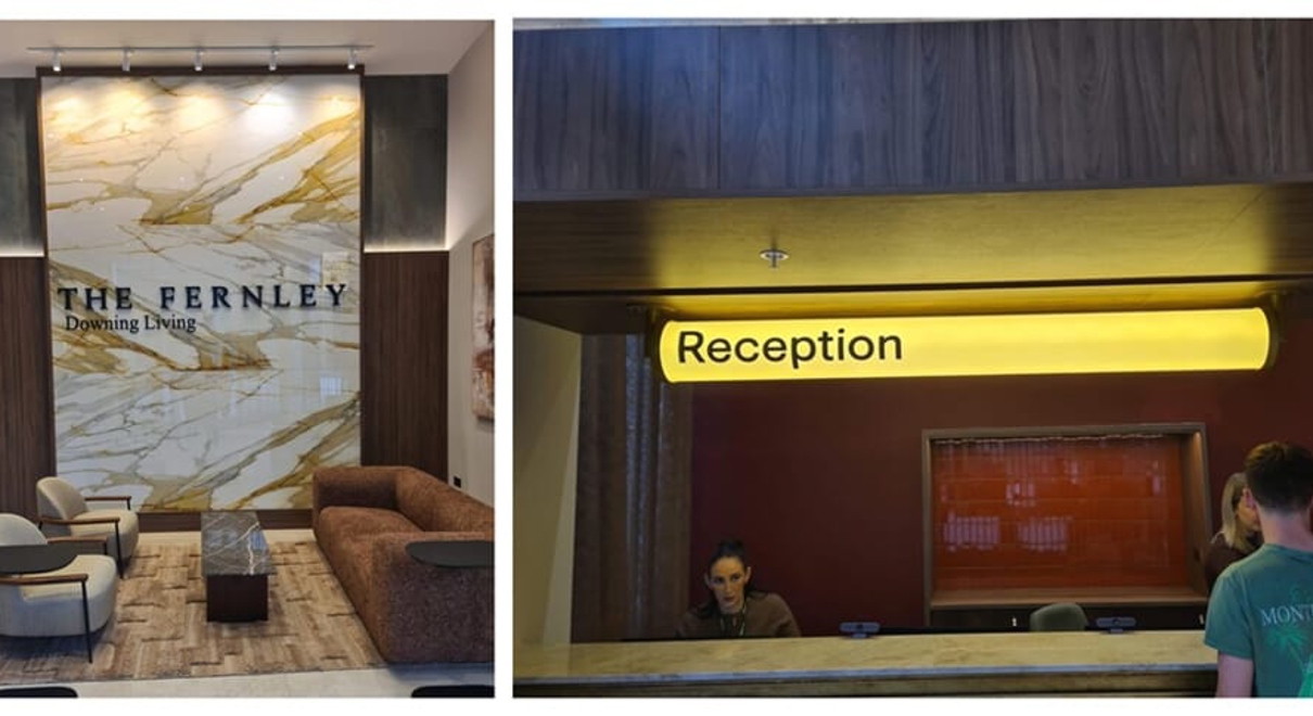 A collage of The Fernley Downing Living reception area.